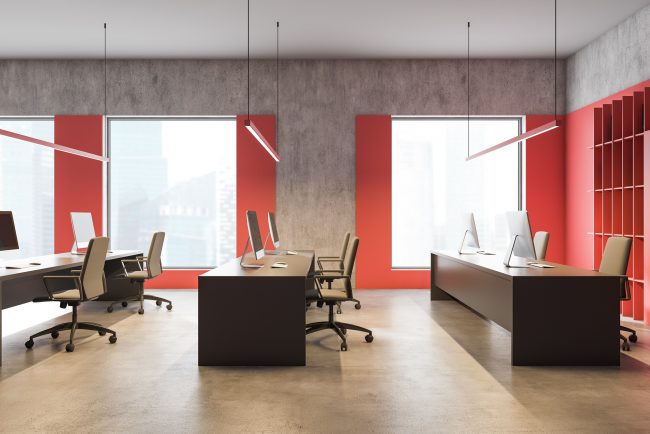 Side view of bright red loft office